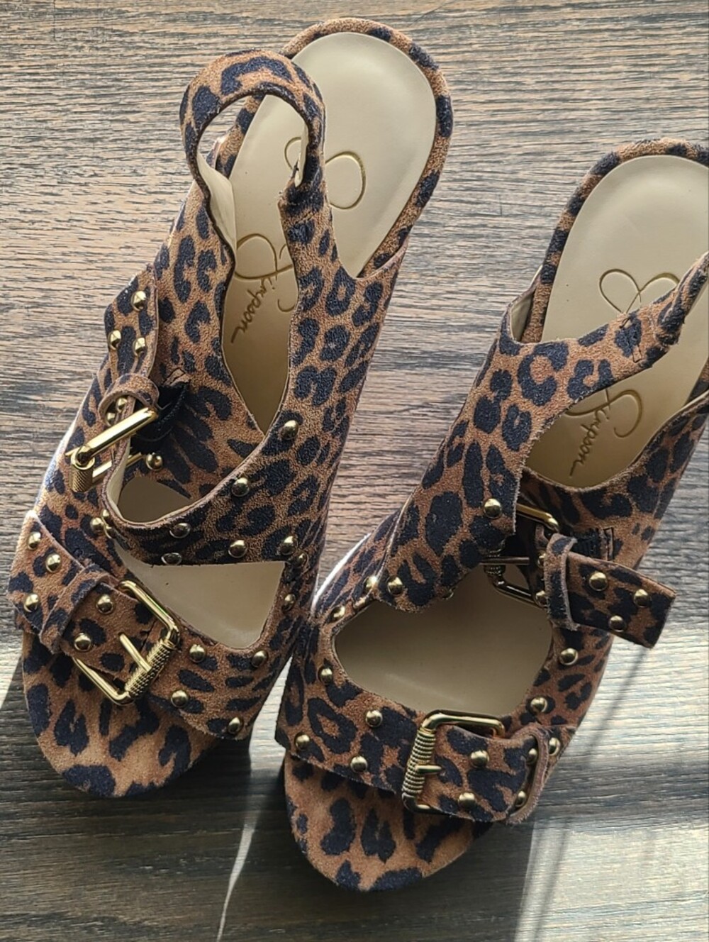 Jessica Simpson Tymina studded leopard print suede wedge sandals - Size 9 - Picture 2 of 16
